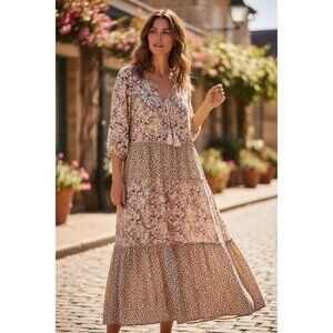 Easel Los Angeles Maxi Dress Womens Size Medium Multi Floral Tie Detail V-Neck